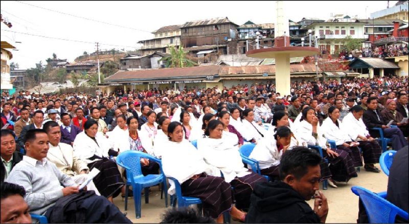 JOURNEY OF COMMON HOPE: The Joint Working Group (JWG) of the NPGs and the FNR travelled with the message of reconciliation to various areas of Naga-land. This file photo shows women and men from different walks of life a public meeting with the JWG in Phek Town (February 2010).
