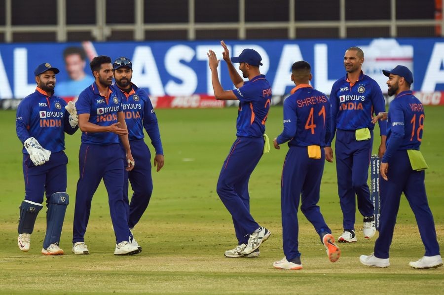 Ahmedabad: India's Deepak Chahar celebrates with teammates, the wicket of West Indies' Shamarh Brooks during the third ODI cricket match between India and West Indies, at the Narendra Modi Stadium, in Ahmedabad, Friday, Feb. 11, 2022. (PTI Photo/Manvender Vashist)