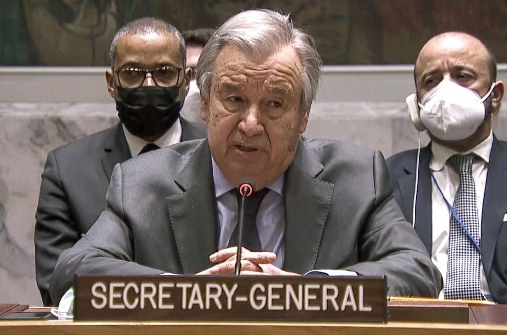 Undated: In this image taken from UNTV video, United Nation Secretary-General Antonio Guterres addresses an emergency meeting of the U.N. Security Council on Ukraine to deplore Russia's actions toward the country and plead for diplomacy, Wednesday, Feb. 23, 2022, at U.N. headquarters . AP/PTI(