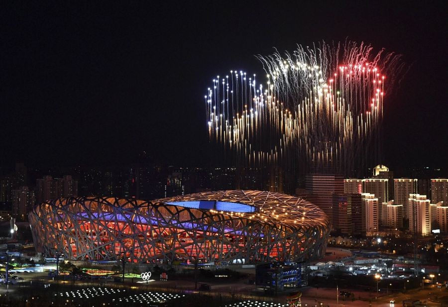 Beijing: Fireworks, forming the Olympic rings, illuminate the sky during the opening ceremony of the 2022 Winter Olympics, Friday, Feb. 4, 2022, in Beijing.AP/PTI