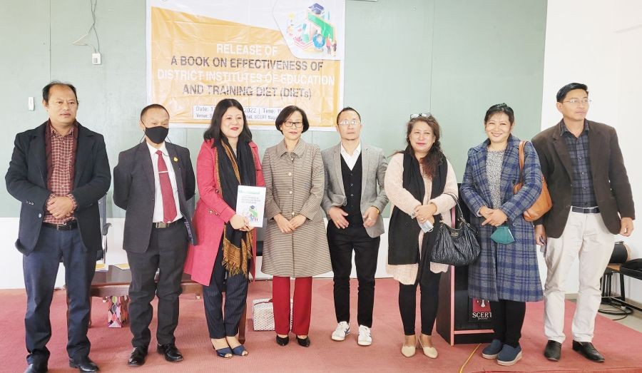 Author Dr Imkongsenla Longchar (with book) with SCERT director and others during the release of her first book ‘Effectiveness of DIET in Nagaland’ in Kohima on February 17. (Morung Photo)
