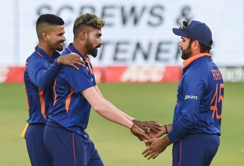 Ahmedabad: India's Mohd. Siraj celebrates with teammates, the wicket of West Indies' Shai Hope during the third ODI cricket match between India and West Indies, at the Narendra Modi Stadium, in Ahmedabad, Friday, Feb. 11, 2022. (PTI Photo/Manvender Vashist)