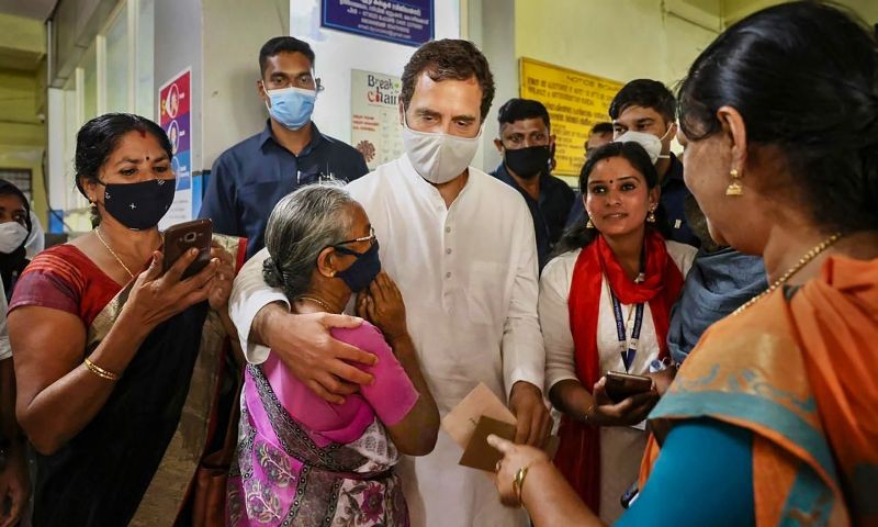 Congress leader Rahul Gandhi greets the people at Wayanad Collectorate, in Kerala. (PTI Photo)