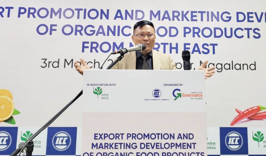 APC Y Kikheto Sema speaking at the inaugural session on Export Promotion & Marketing Development of Organic Food Products from NE at Hotel Saramati, Dimapur on March 3. (DIPR Photo)