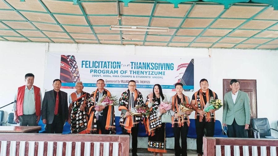 Village leaders and others with Zhothisa Dawhuo, Vahine Thisa, Mhaseto Nakro, Avezo Kevin Kapu and Venuzo Dawhuo at Thenyizu village on March 10.