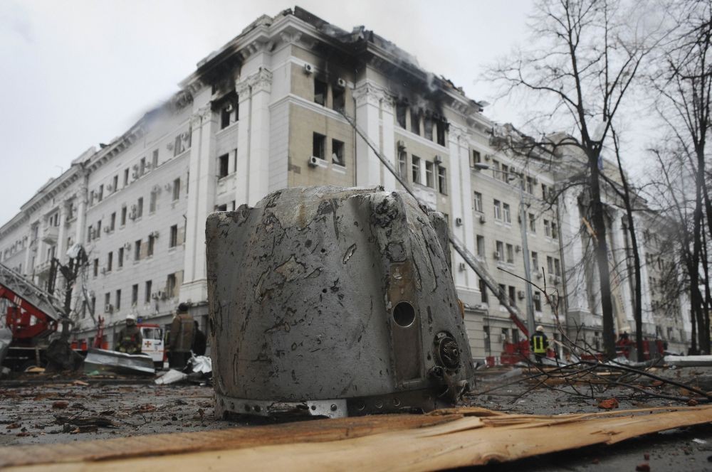 Kharkiv: A rocket fragment lies on the ground next to a building of Ukrainian Security Service (SBU) after a rocket attack in Kharkiv, Ukraine's second-largest city, Ukraine, Wednesday, March 2, 2022. AP/PTI