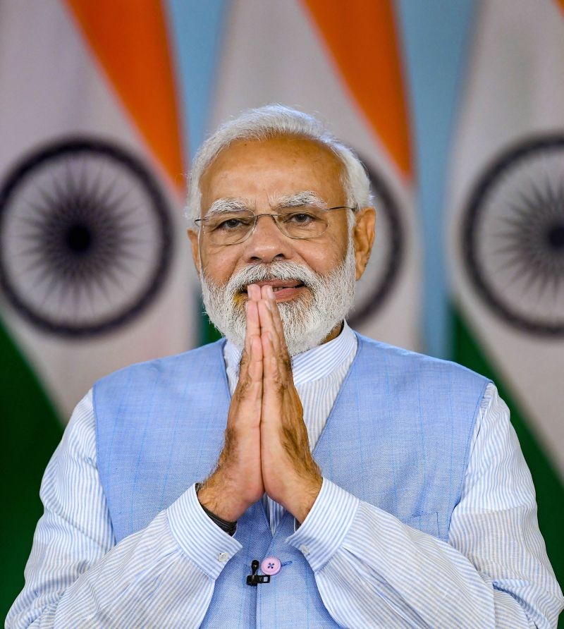 Prime Minister Narendra Modi gestures during his address at the post-budget DPIIT webinar on ‘Make in India for the World’ on March 3, 2022. (PIB/PTI Photo)