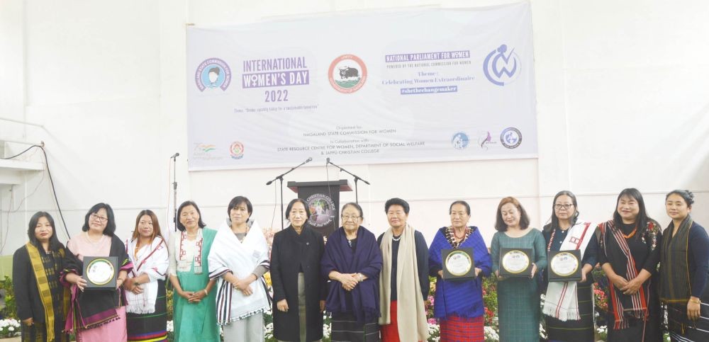 Kaisa Rio, NSCW members and recipients of the NSCW Award during the IWD programme at Japfü Christian College on March 8. (Morung Photo)