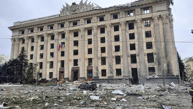 This handout photo released by Ukrainian Emergency Service shows a view of the damaged City Hall building in Kharkiv, Ukraine on March 1. Russian shelling pounded civilian targets in Ukraine's second-largest city, Kharkiv, Tuesday and a 40-mile convoy of tanks and other vehicles threatened the capital — tactics Ukraine’s embattled president said were designed to force him into concessions in Europe’s largest ground war in generations. (AP Photo)