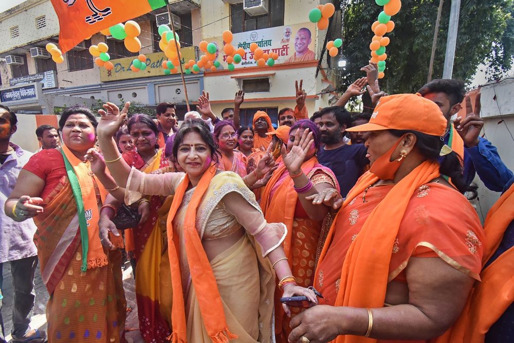 Gorakhpur: BJP workers celebrate the party's victory in the Assembly elections, at the party office in Gorakhpur, Thursday, March 10, 2022. (PTI Photo)