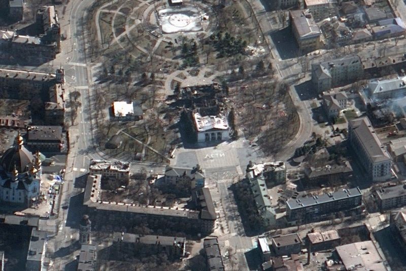 This satellite image provided by Maxar Technologies on Saturday, March 19, 2022 shows the aftermath of the airstrike on the Mariupol Drama theater, Ukraine, and the area around it. (AP/PTI Photo)