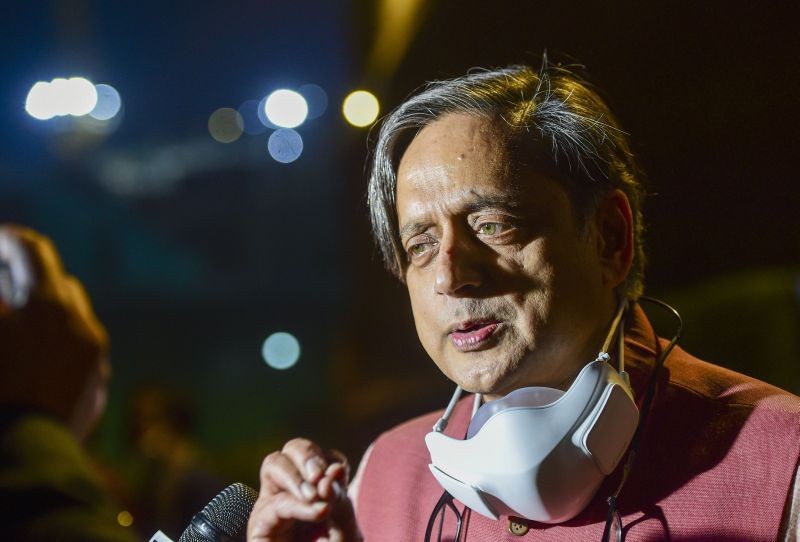 Congress MP Shashi Tharoor interacts with media at Parliament House during ongoing Budget Session 2022, in New Delhi.  (PTI File Photo)