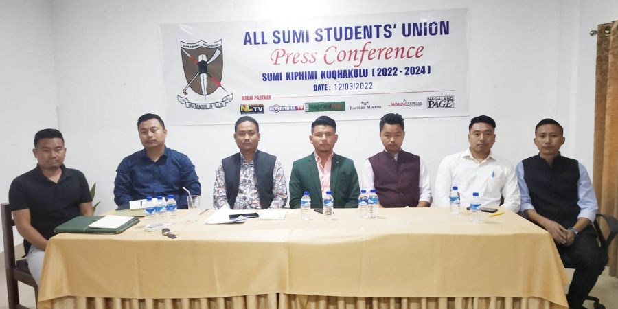 Office bearers of the All Sumi Students Union (SKK) at the press conference in Dimapur on March 12. (Morung Photo)