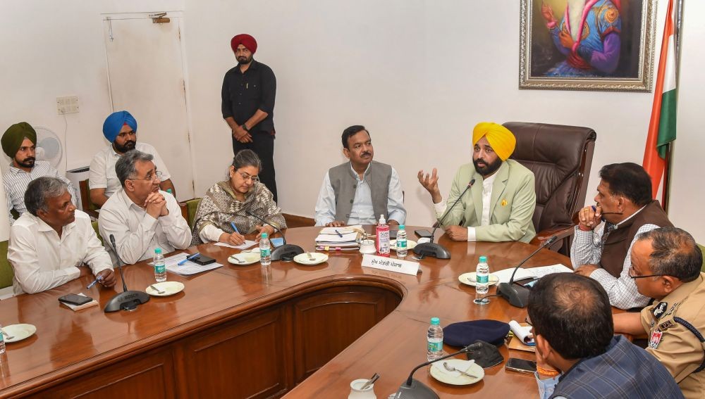 Chnadigarh: Punjab CM Bhagwant Mann during a meeting of state civil and police administration officials, in Chandigarh, Thursday, March 17, 2022. (PTI Photo)