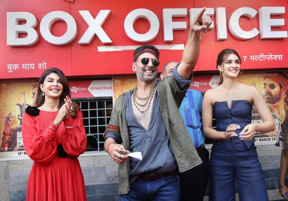 Mumbai: Bollywood actors Akshay Kumar, Kriti Sanon and Jacqueline Fernandez during promotion of their film 'Bachchhan Paandey', at Bandra in Mumbai, Sunday, March 13, 2022. (PTI Photo)