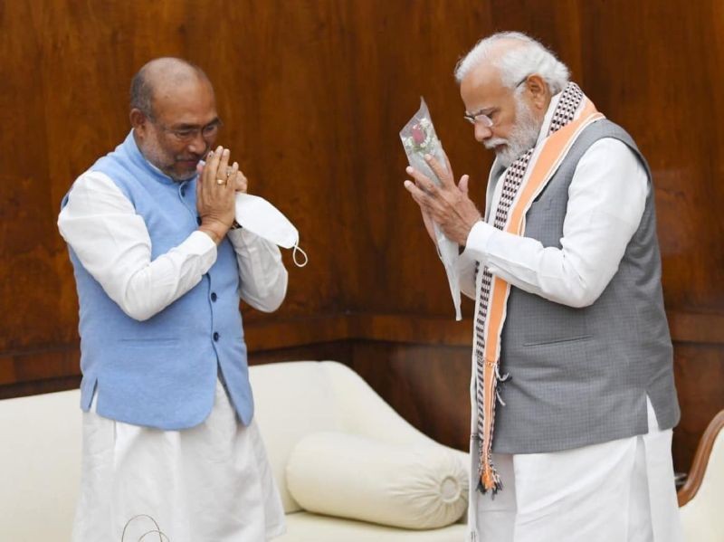 Caretaker Manipur CM N Biren Singh calling on PM Narendra Modi in New Delhi on Wednesday. (Photo Courtesy: Facebook) 