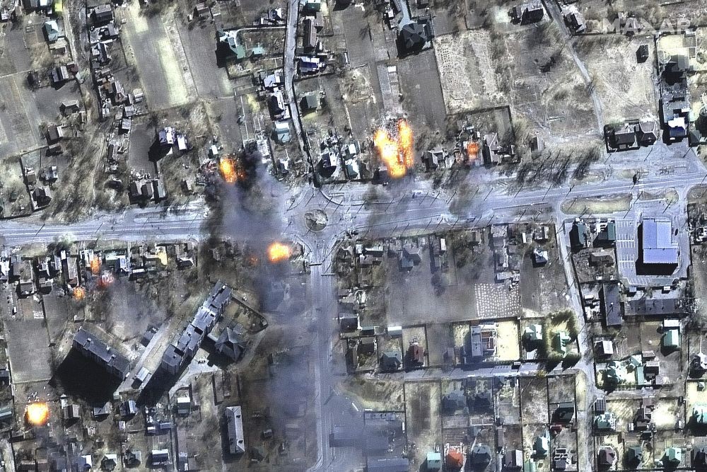 Chernihiv : This satellite image provided by Maxar Technologies shows burning buildings in a residential area in northeast Chernihiv, Ukraine on Wednesday, March 16, 2022. AP/PTI(