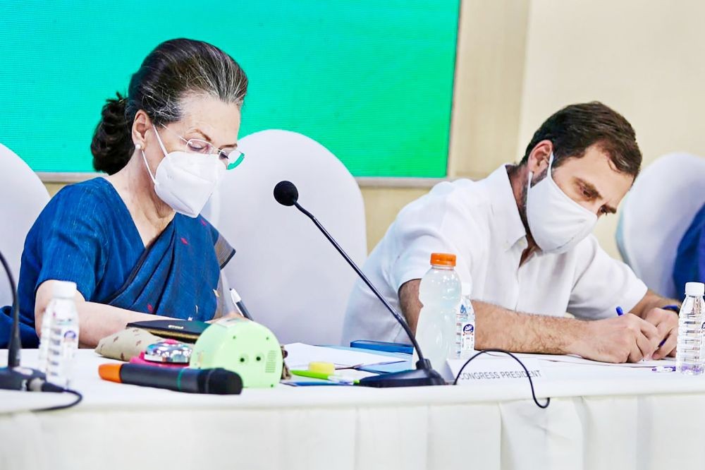New Delhi: Congress interim President Sonia Gandhi and party leader Rahul Gandhi during the Congress Working Committee meeting after party's debacle in recent Assembly elections of five states, at AICC headquarters, in New Delhi, Sunday, March 13, 2022. (PTI Photo)