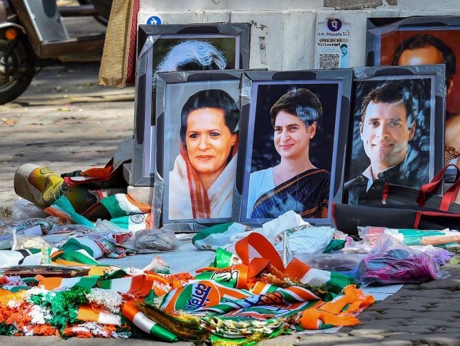 A street stall selling Congress memorabilia outside the deserted Congress headquarters, in New Delhi, on March 10, 2022. Photograph: Kamal Singh/PTI Photo