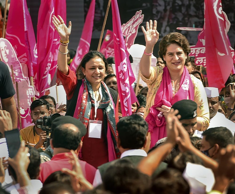 Lucknow: AICC General Secretary Priyanka Gandhi Vadra participates in a women's march on the occasion of International Women's Day, in Lucknow, Tuesday, March 8, 2022. (PTI Photo/Nand Kumar)