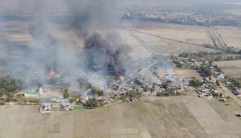 In this image taken from drone video provided by Free Burma Rangers, black smoke arises from burning buildings in Waraisuplia village in Kayah State, Myanmar on Feb. 18, 2022. While Russia’s war in Ukraine dominates global attention, Myanmar’s military is targeting civilians in air and ground attacks on a scale unmatched in the country since World War II, according to a longtime relief worker who spent almost three months in a combat zone in the Southeast Asian nation. (AP File Photo)