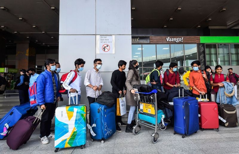 Indian nationals evacuated from war-torn Ukraine arrive at the Indira Gandhi International Airport, in New Delhi on March 02. (PTI Photo)