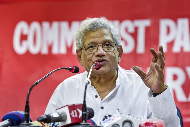 CPI(M) General Secretary Sitaram Yechury addresses a press conference at party headquarters, in New Delhi on April 13. (PTI Photo)