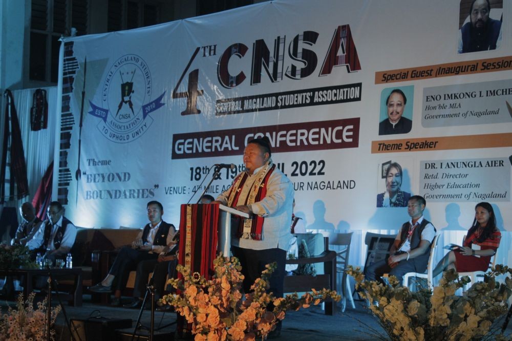 Minister Temjen Imna Along speaking at the 4th CNSA general conference at Agri Expo, Chümoukedima on April 18. (Morung Photo)