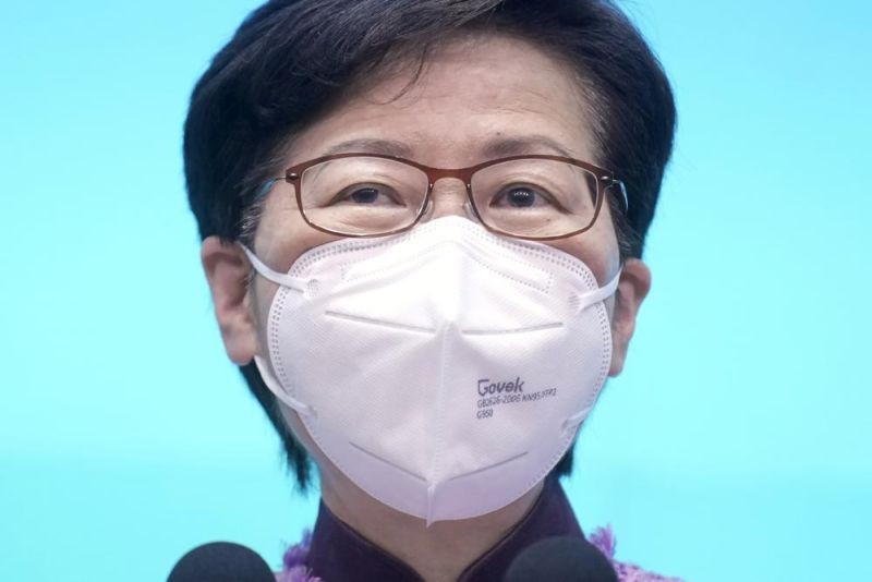 Hong Kong Chief Executive Carrie Lam listens to reporter's questions during a news conference in Hong Kong, Monday, April 4, 2022. Lam, who survived massive protests against her government in 2019 and oversaw the implementation of a tough national security law that quashed dissent, said Monday she will not seek a second term. Her successor will be picked in May. (AP Photo)