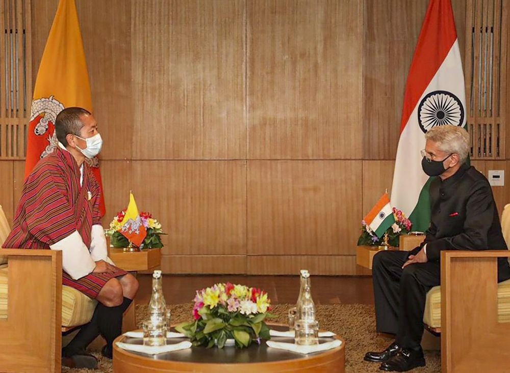 **EDS: IMAGE POSTED BY @DrSJaishankar ON FRIDAY, APRIL 29, 2022** Thimphu: External Affairs Minister S Jaishankar calls on Bhutan Prime Minister Lotay Tshering. (PTI Photo)