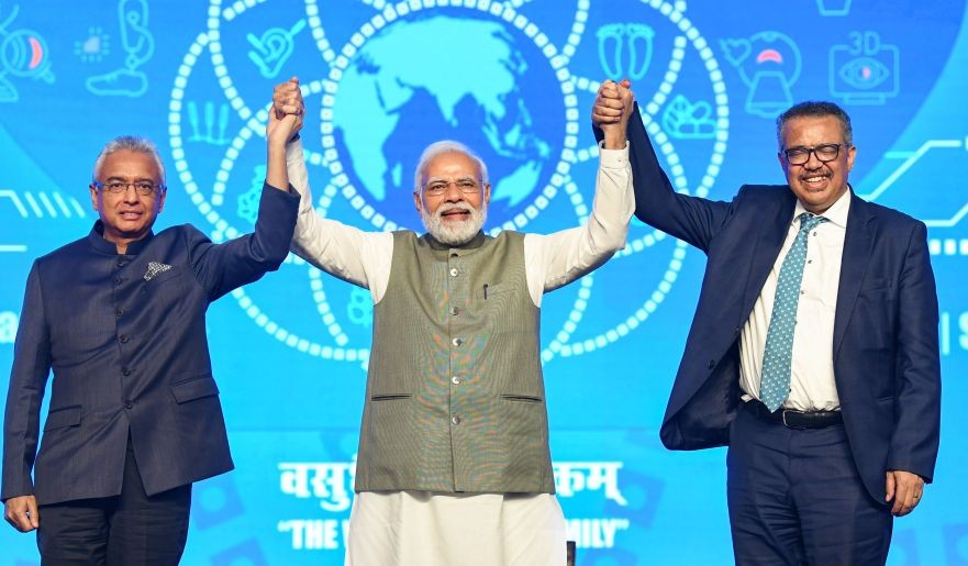 TUESDAY, APRIL 19, 2022** Jamnagar: Prime Minister Narendra Modi (C) with Director-General of the World Health Organization Tedros Ghebreyesus (R) and Mauritius Prime Minister Pravind Kumar Jugnauth at the foundation stone laying ceremony of WHO Global Centre for Traditional Medicine (GCTM), in Jamnagar. (PTI Photo)