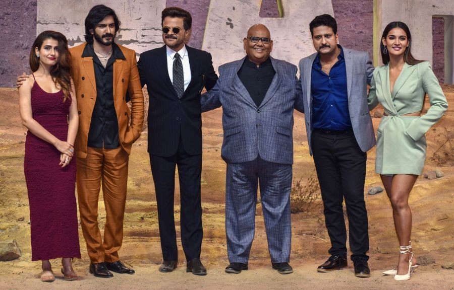 Mumbai: Bollywood actors Harsh Varrdhan Kapoor, Fatima Sana Shaikh, Anil Kapoor, Satish Kaushik and Mukti Mohan during an event for the trailer launch of their upcoming Netflix film 'Thar', in Mumbai, Monday, April 18, 2022. (PTI Photo)