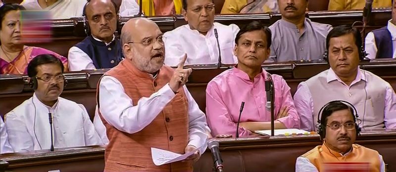 Union Home Minister Amit Shah speaks in the Rajya Sabha during the second part of Budget Session of Parliament, in New Delhi on April 6, 2022. (PTI Photo)