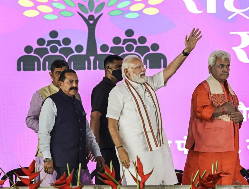 Prime Minister Narendra Modi during a rally on Panchayati Raj Day, at Palli in Samba district on April 24, 2022. Lt Governor of J&K Manoj Sinha is also seen. (PTI Photo)
