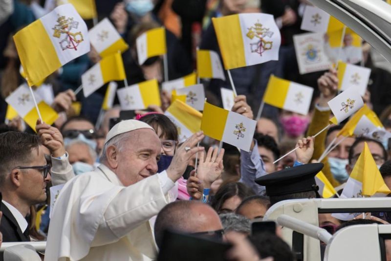 Pope Francis arrives in his popemobile at the Granaries Square in Floriana, Malta, Sunday, April 3, 2022, to celebrate a mass. Pope Francis opened his second and final day in Malta by visiting the Grotto of St. Paul in Rabat, where the disciple stayed after being shipwrecked en route to Rome in AD 60. (AP Photo)
