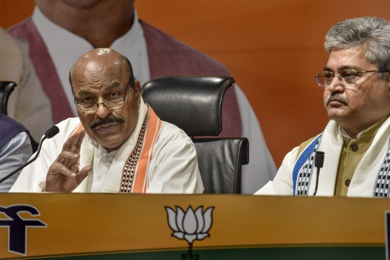 Union Minister for Social Justice and Empowerment Virendra Kumar and BJP National General Secretary Dushyant Gautam address a press conference, at BJP headquarters in New Delhi on April 14. (PTI Photo)
