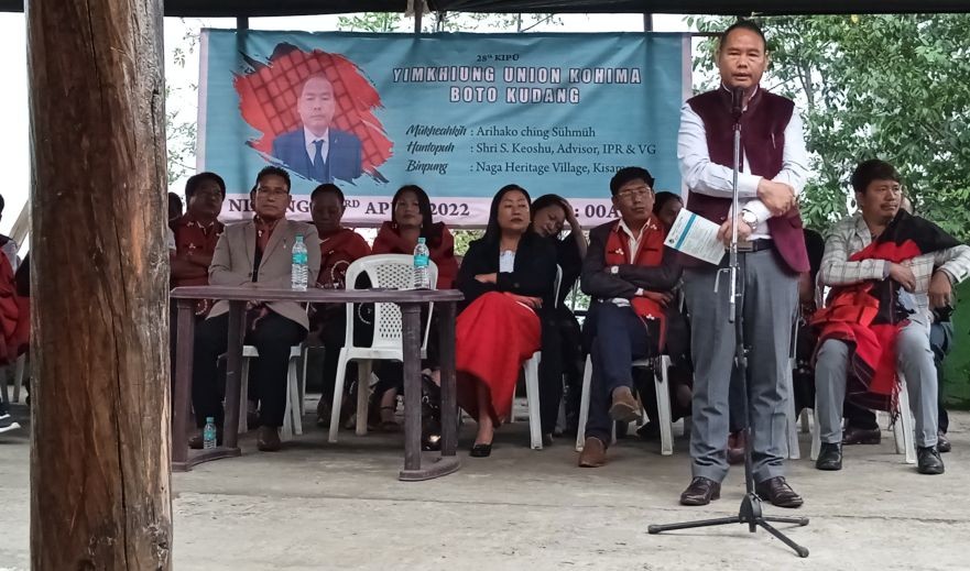 Advisor S Keoshu Yimkhiung speaking at the 28th general session of YUK held at Kisama on April 23. (DIPR Photo)