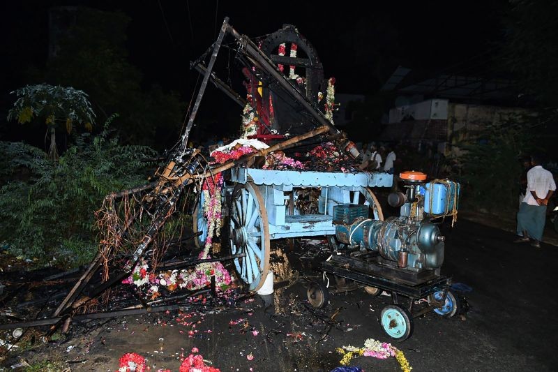 Mangled remains of the chariot after several people were electrocuted during a chariot procession, in Kalimedu area of Thanjavur district on April 27. At least eleven people died on the spot in the incident, according to officials. (PTI Photo)