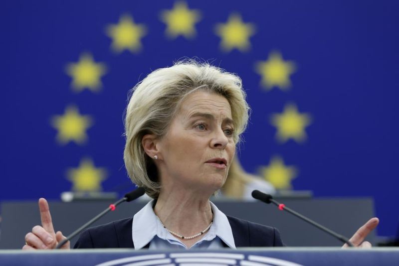 European Commission President Ursula von der Leyen delivers a speech during a debate on the conclusions of the European Council meeting of March 24-25 2022, including the latest developments of the war against Ukraine and the EU sanctions against Russia, Wednesday, April 6, 2022 in Strasbourg, eastern France. (AP File Photo)