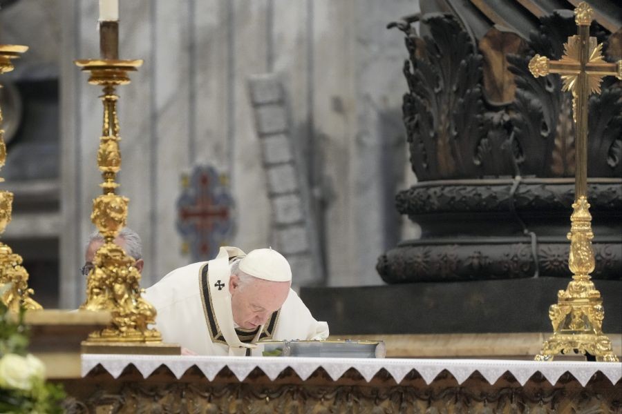Vatican City : Pope Francis arrives to preside a Chrism Mass inside St. Peter's Basilica, at the Vatican, Thursday, April 14, 2022. During the mass the Pontiff blesses a token amount of oil that will be used to administer the sacraments for the year. AP/PTI
