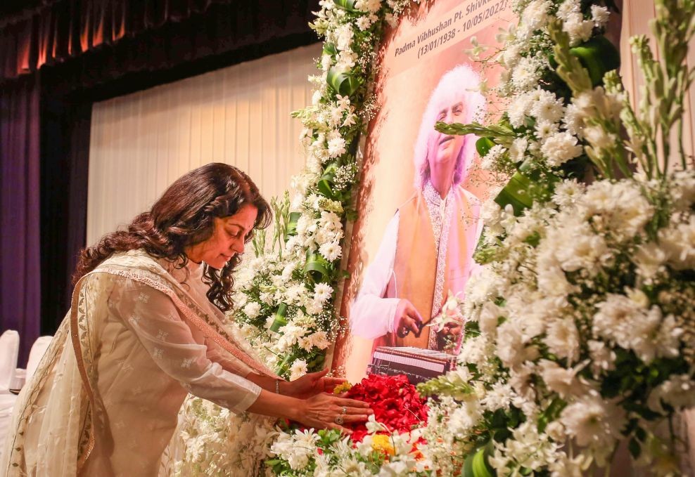 Mumbai: Bollywood actor Juhi Chawla pays homage to legendary music composer and santoor player Shivkumar Sharma during a prayer meeting for Sharma, in Mumbai, Sunday, May 22, 2022. (PTI Photo)