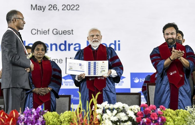 Prime Minister Narendra Modi with Union Culture Minister G Kishan Reddy at the graduation ceremony of the Post Graduate Programme in Management (PGP) of 2022, at Indian School of Business (ISB) in Hyderabad. (PTI Photo)