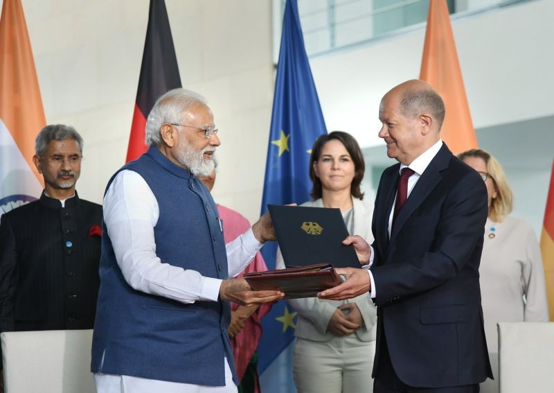 Prime Minister Narendra Modi with German Chancellor  Olaf Scholz, in Berlin. (PTI Photo)