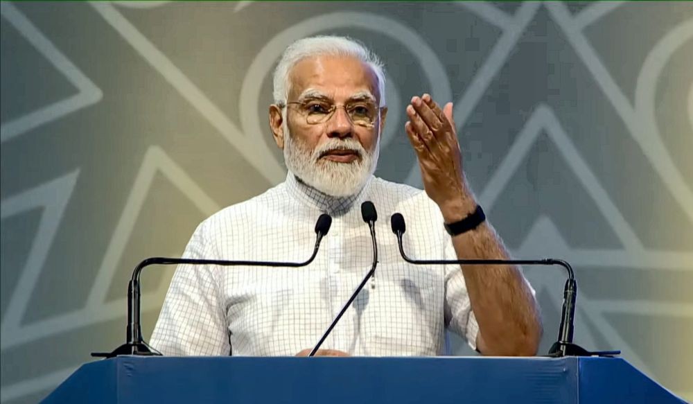 **EDS: SCREENSHOT FROM @narendramodi YOUTUBE CHANNEL ON FRIDAY, MAY 27, 2022** New Delhi: Prime Minister Narendra Modi during inauguration of Bharat Drone Mahotsav 2022, India's biggest drone festival, at Delhi's Pragati Maidan. (PTI Photo