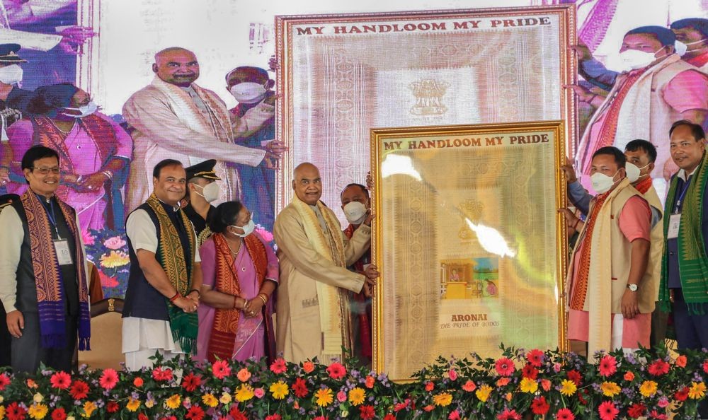 Tamulpur: President Ram Nath Kovind with Govornor of Assam Jagadish Mukhi and Chief Minister of Asssam Himanta Biswa Sarma at the 61st annual conference of Bodo Sahitya Sabha, at Tamulpur, Assam, Wednesday, May 4, 2022. (PTI Photo)