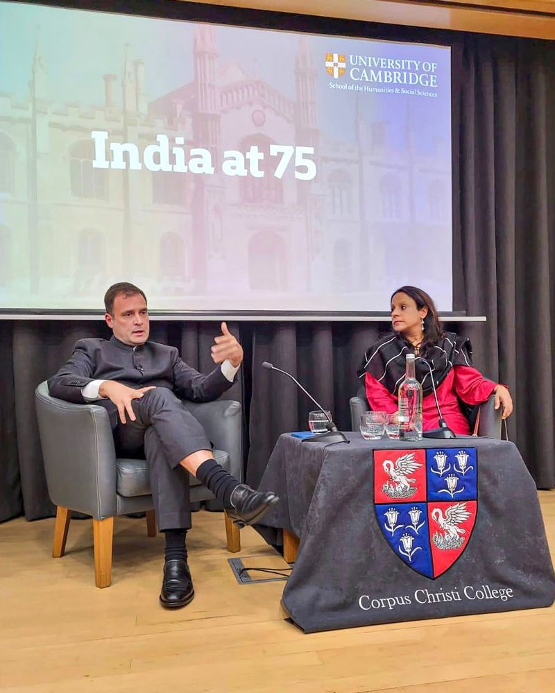 Congress leader Rahul Gandhi speaks during an event at the University of Cambridge, in London on May 23, 2022. (PTI Photo)