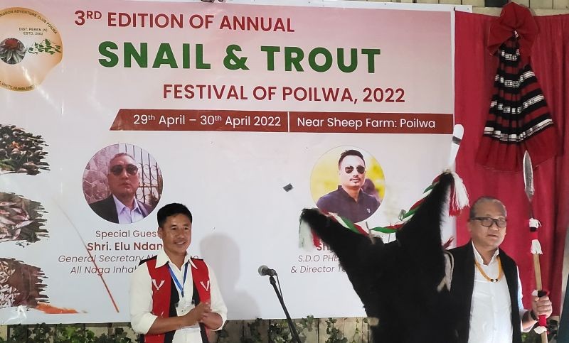 Naga Hoho General Secretary K Elu Edang speaking at 3rd edition of Snail & Trout Festival of Poilwa under Peren district. (Morung Photo)