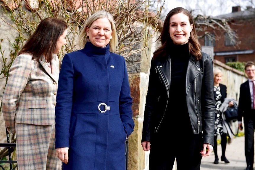 Swedish Prime Minister Magdalena Andersson, left, and Finnish Prime Minister Sanna Marin pose for photographers ahead of a meeting on whether to seek NATO membership, in Stockholm, Sweden, Wednesday, April 13, 2022. (AP Photo)