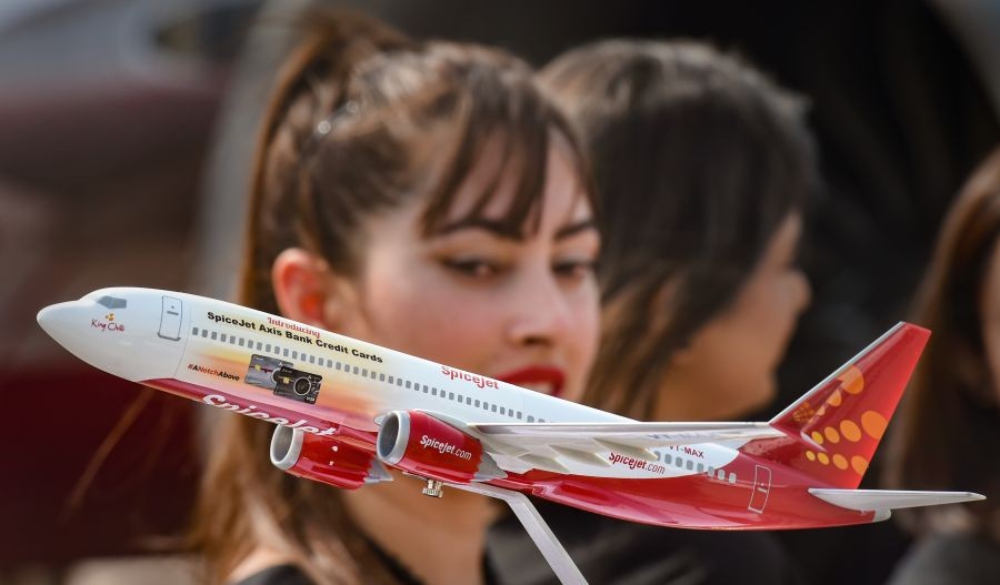 New Delhi: A miniature SpiceJet plane on display during the launch of a co-branded credit card in partnership with Axis Bank, at Indira Gandhi International Airport, Thursday, May 12, 2022. (PTI Photo/Atul Yadav)