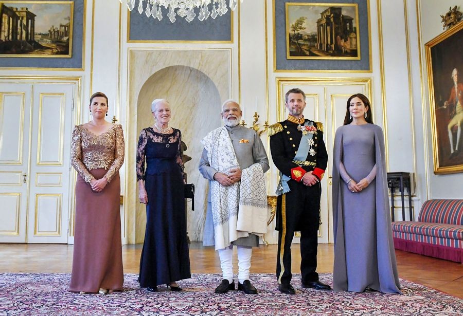 **EDS: IMAGE MADE AVAILABLE FROM PIB**Copenhagen: Prime Minister Narendra Modi meets the Queen Margrethe II of Denmark, in Copenhagen, Tuesday, May 3, 2022. (PIB/PTI Photo)